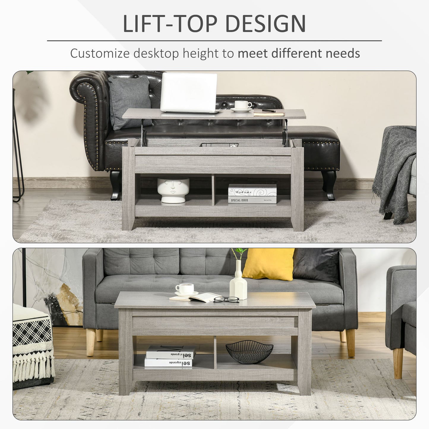 Table basse relevable avec compartiment de rangement dissimulé et étagères ouvertes pour salon, gris clair
