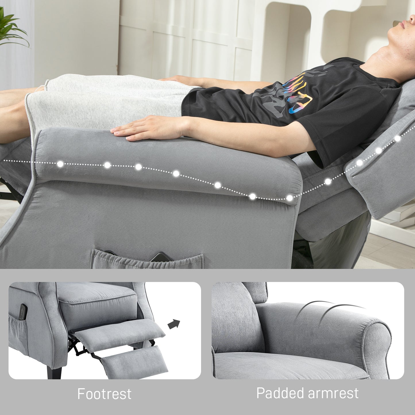 Fauteuil inclinable à massage par vibrations avec repose-pieds extensible, télécommande, poche, gris