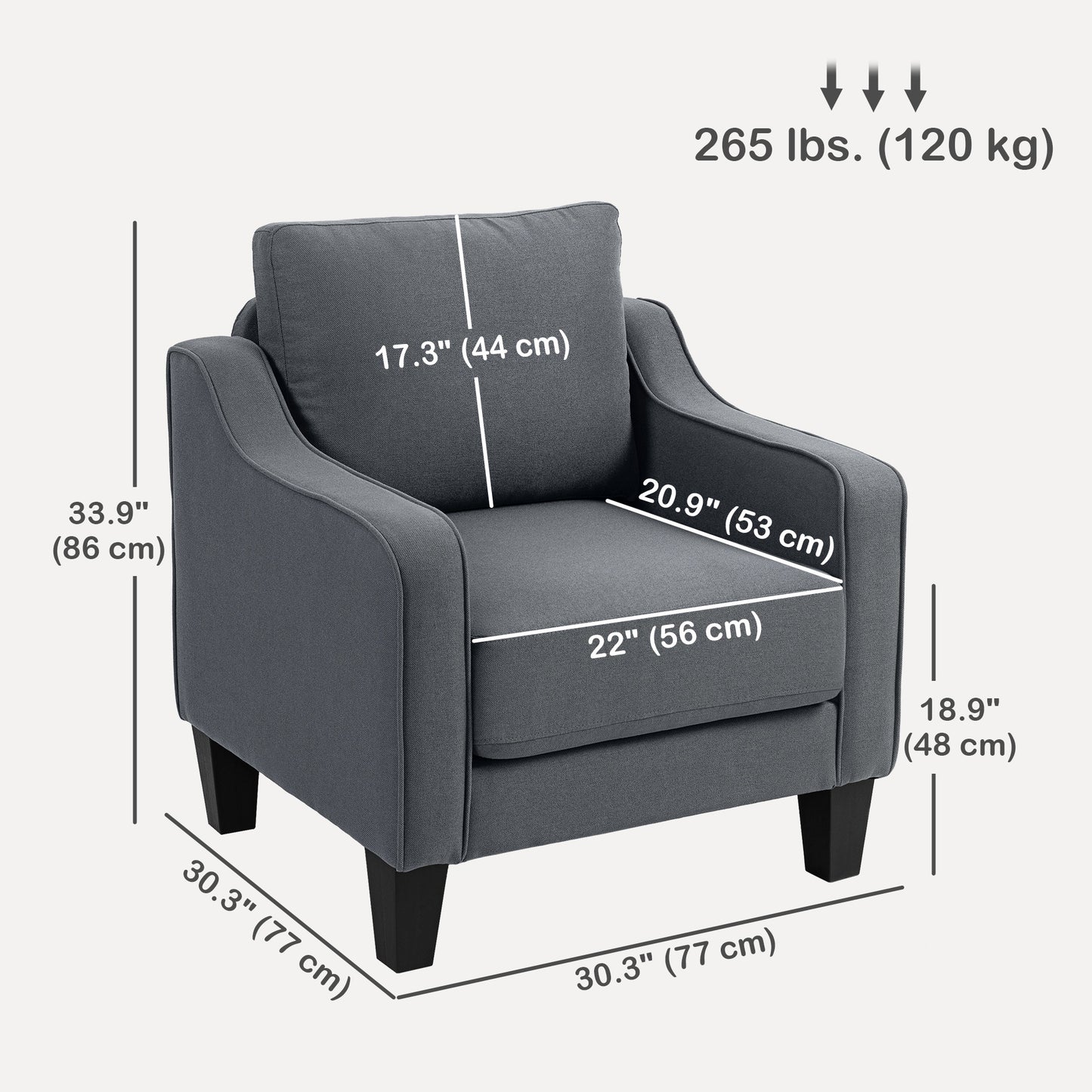 Fauteuil d'appoint moderne avec ressorts ensachés, revêtement en lin, rembourrage épais, gris anthracite