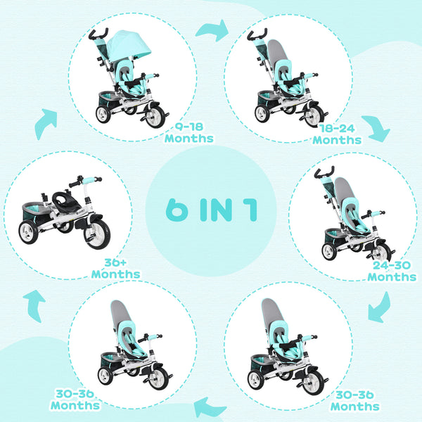 Tricycle 6 en 1 avec poignée parentale, vert