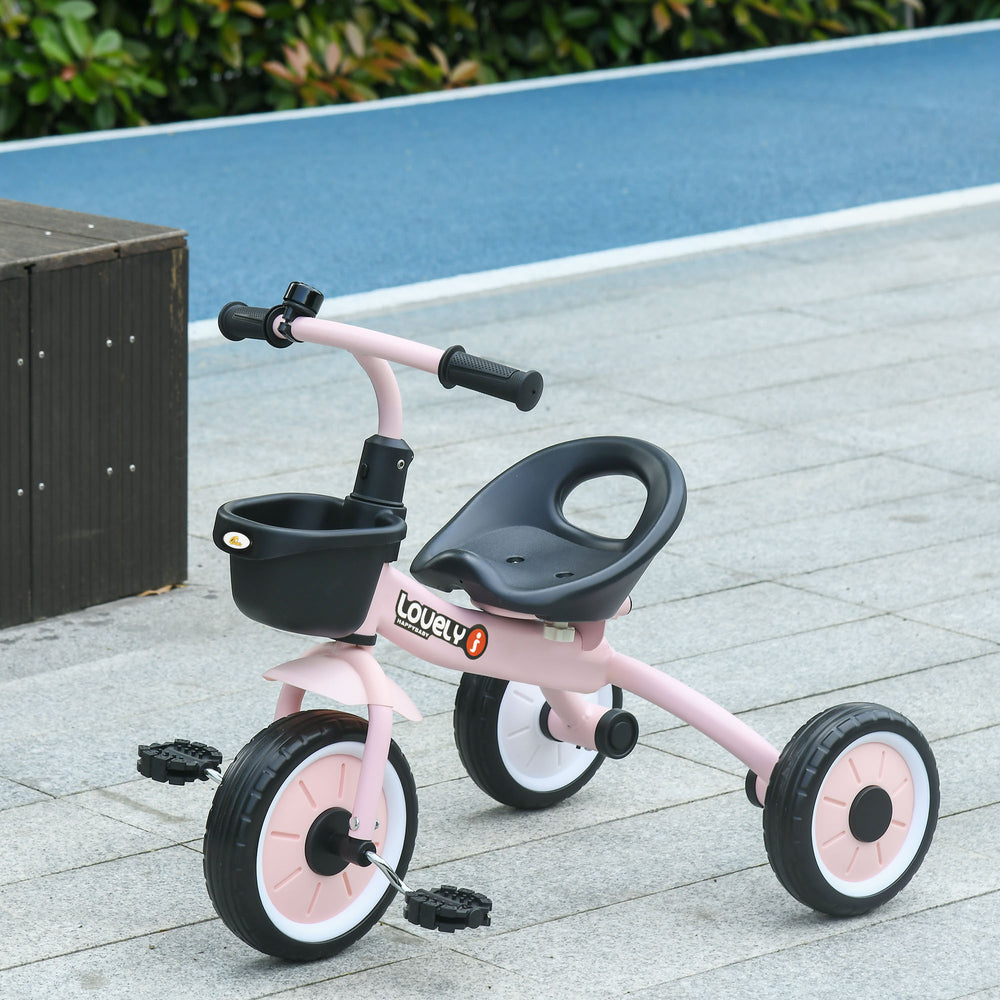 Tricycle avec siège réglable, panier, sonnette, rose