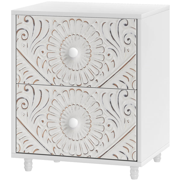 Table de chevet style mid century avec 2 tiroirs, blanche