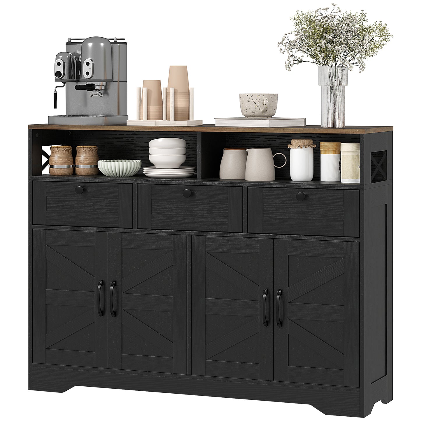 Buffet avec 4 portes de grange et 3 tiroirs, meuble bar à café avec étagères réglables, noir