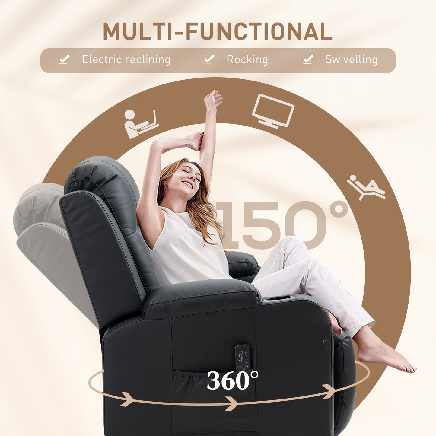 Fauteuil inclinable massant, pivotant à 360°, rembourré en cuir synthétique, noir