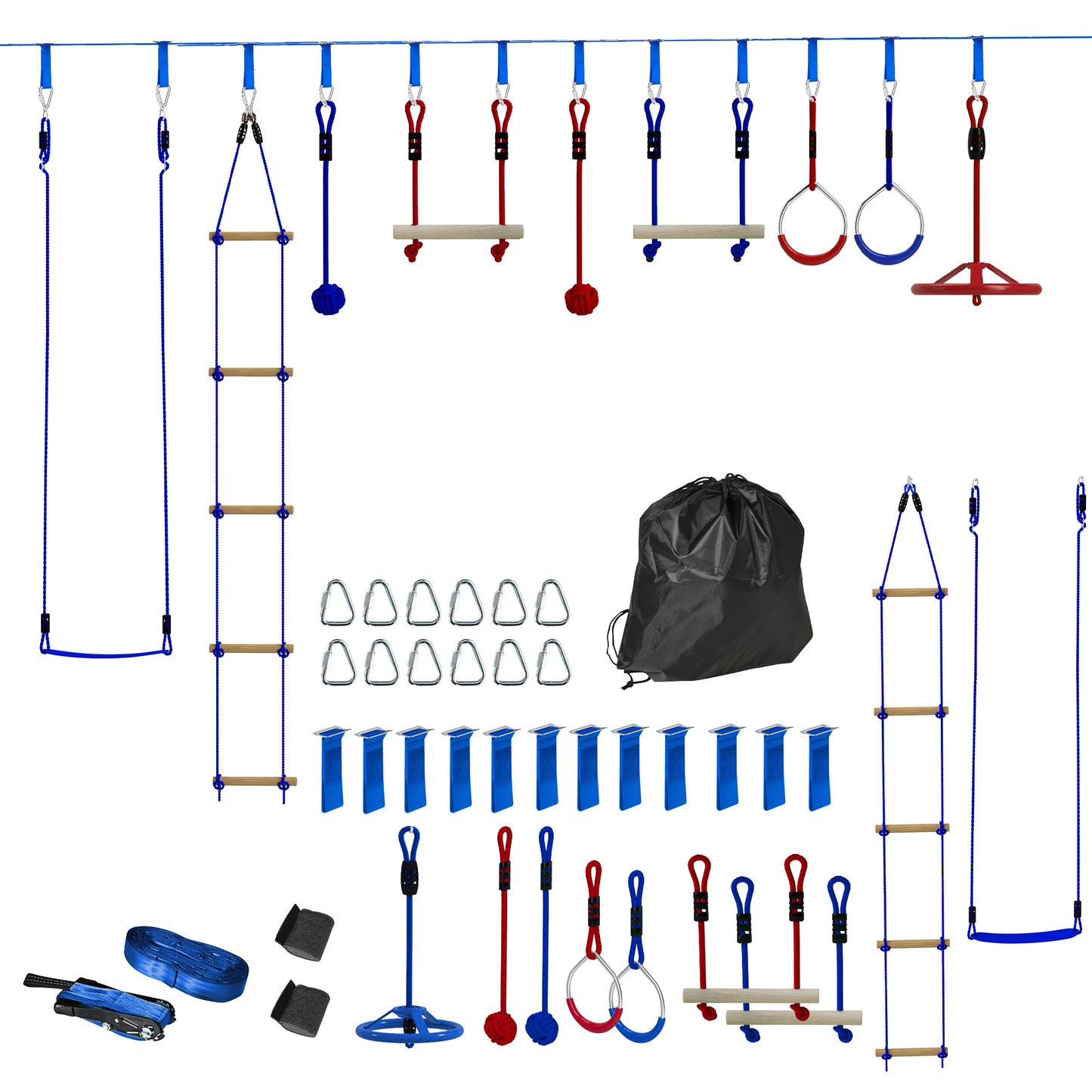 Ninja Warrior 9m Obstacle Course for Kids Ages 3-6, with Swing, Monkey Bars, Climbing Ladder, Gymnastic Rings, Blue