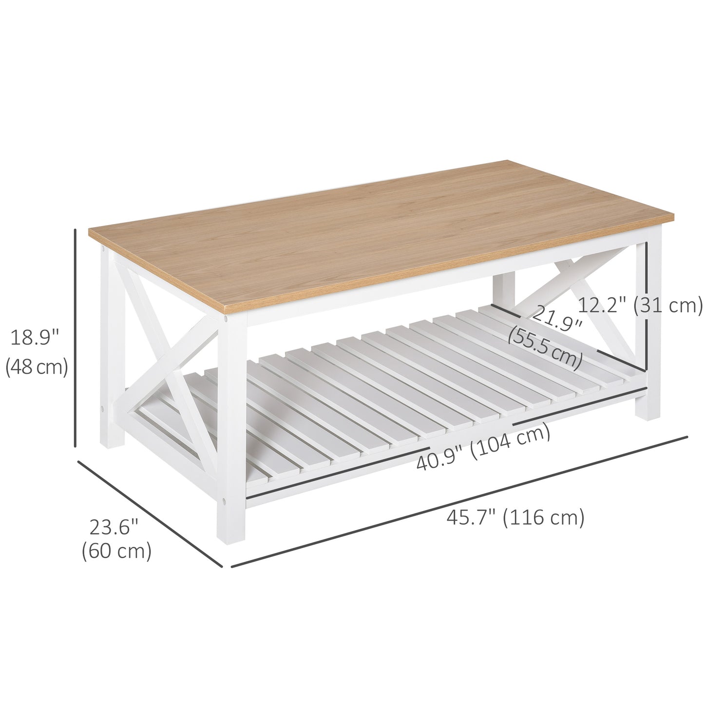 Table basse de style campagnard avec étagère inférieure à lattes, blanc, naturel