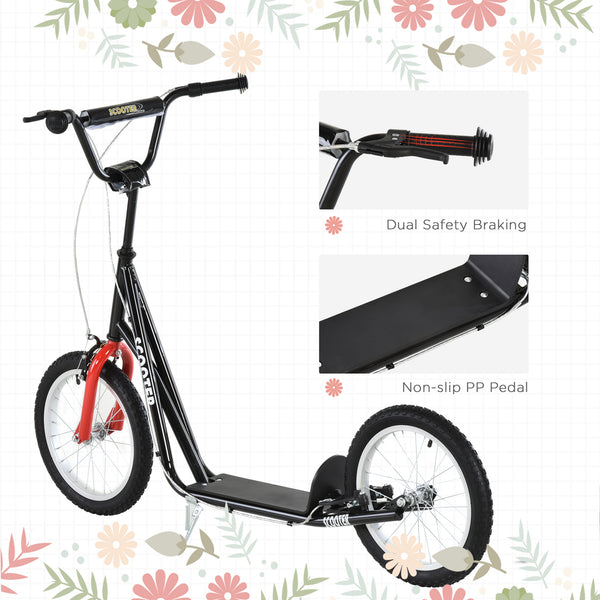Trottinette avec roues gonflables de 16 pouces et doubles freins, noire
