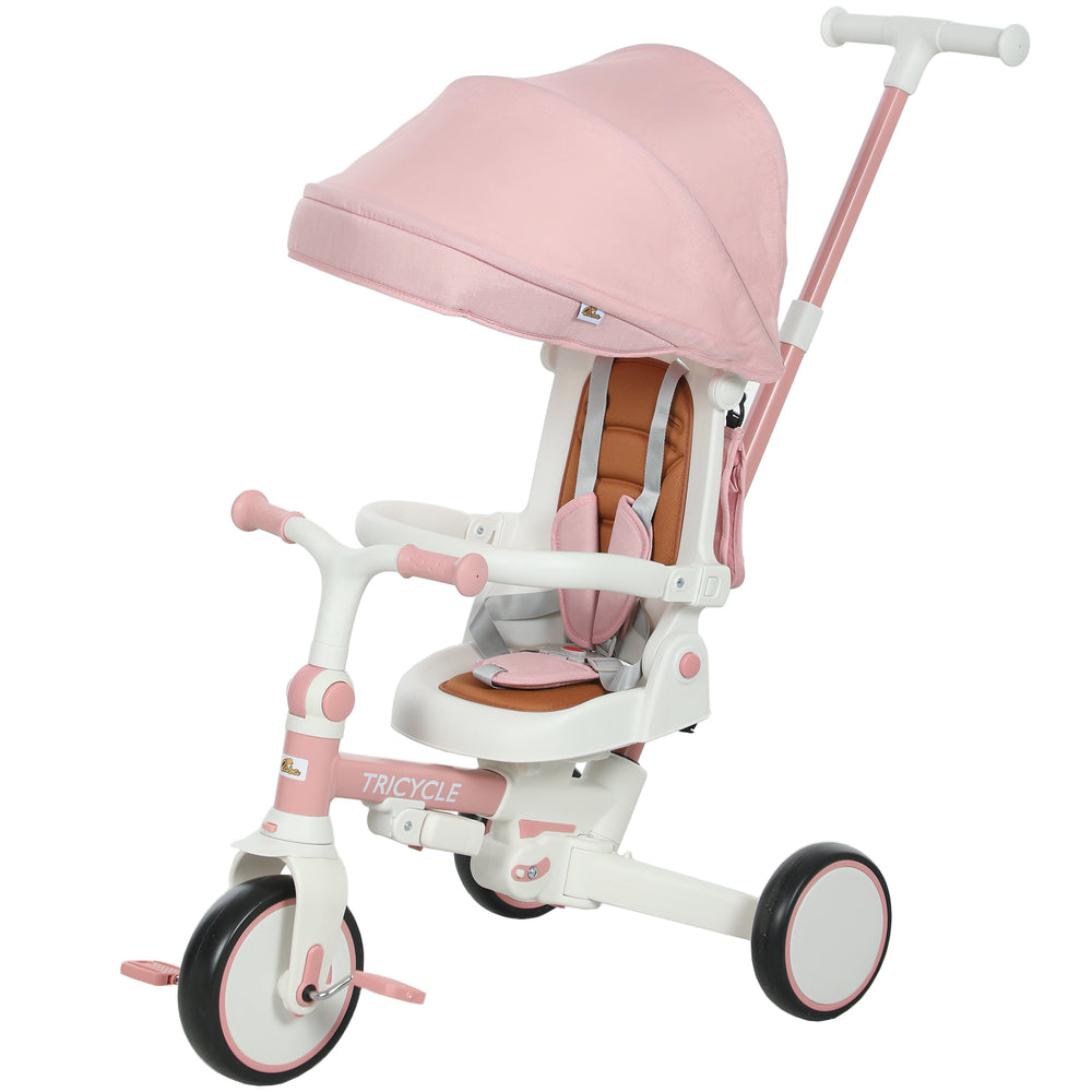 Tricycle 7 en 1 avec harnais de sécurité, poignée parentale réglable et amovible, rose