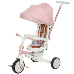 Tricycle 7 en 1 avec harnais de sécurité, poignée parentale réglable et amovible, rose