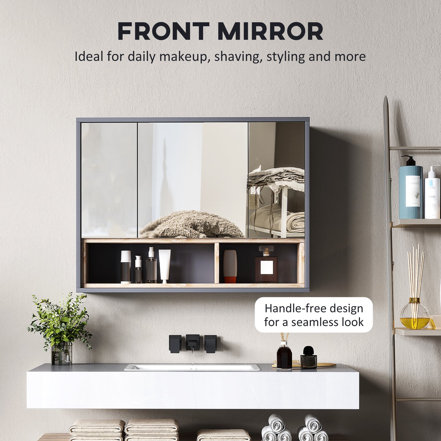 Armoire à pharmacie murale avec miroir et étagères, gris