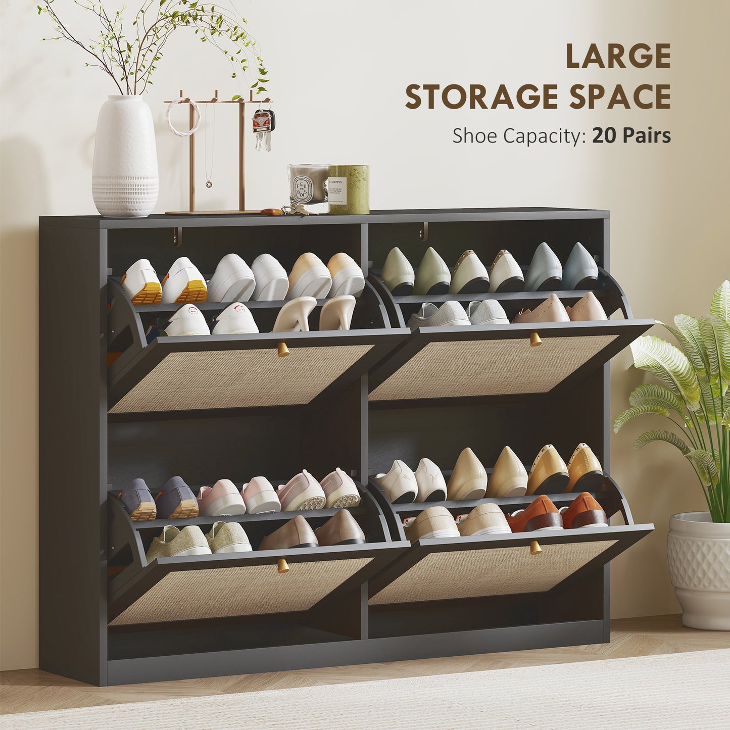 Meuble à chaussures étroit HOMCOM, meuble à chaussures en rotin avec 4 tiroirs rabattables et étagères réglables pour 20 paires, noir