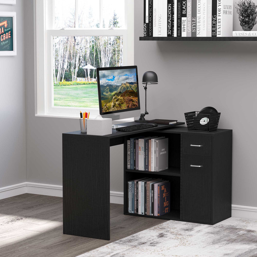 Bureau d'angle rotatif à 180° avec étagère de rangement, noir