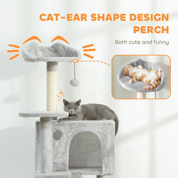 Arbre à chat de 160 cm avec griffoirs, cabanes, perchoirs, hamac, échelle, gris clair