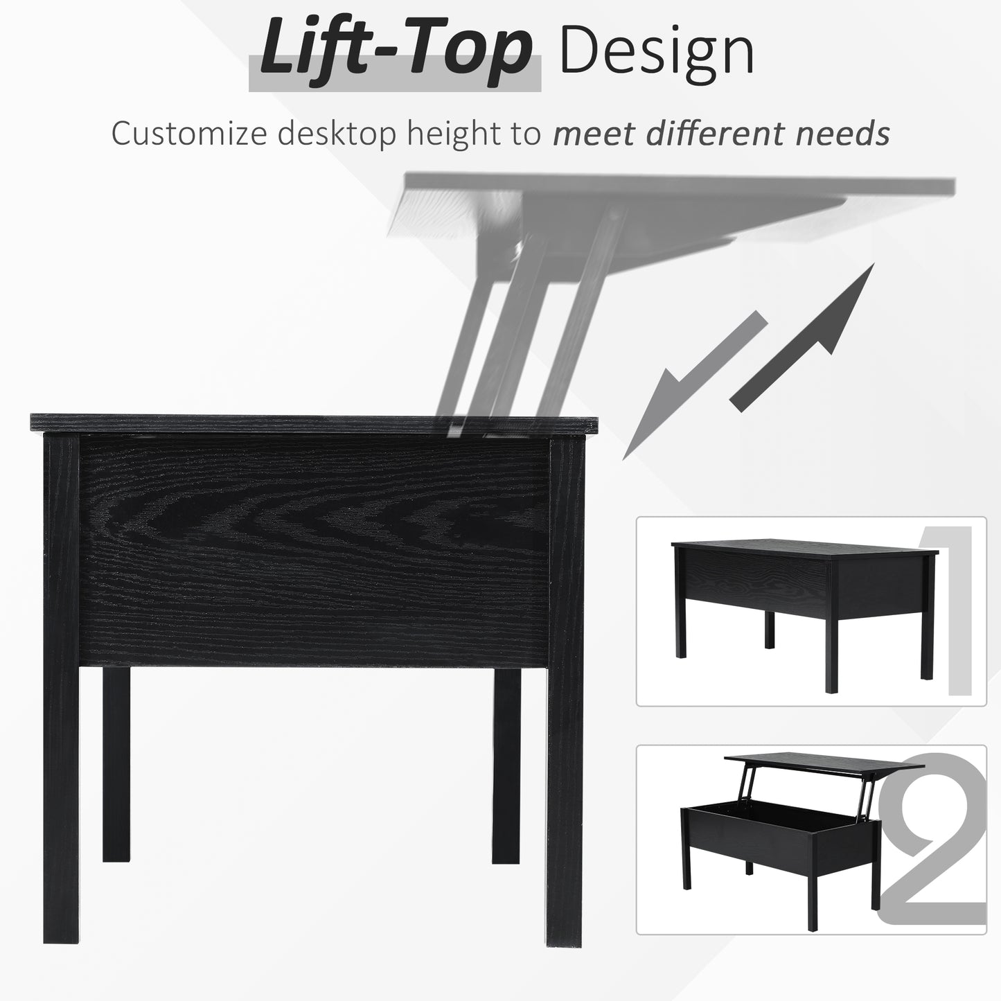 Table basse moderne 99 cm avec plateau relevable et compartiment de rangement dissimulé, noire