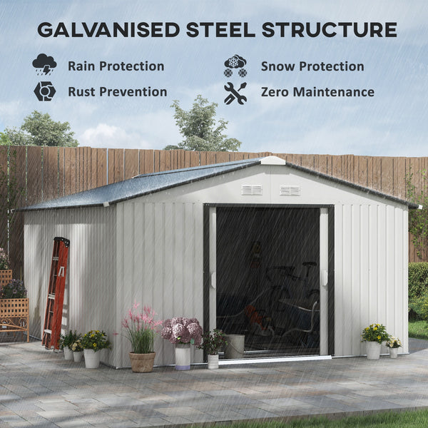 11' x 13' Garden Shed with Foundation Kit, Metal with Double Doors, White