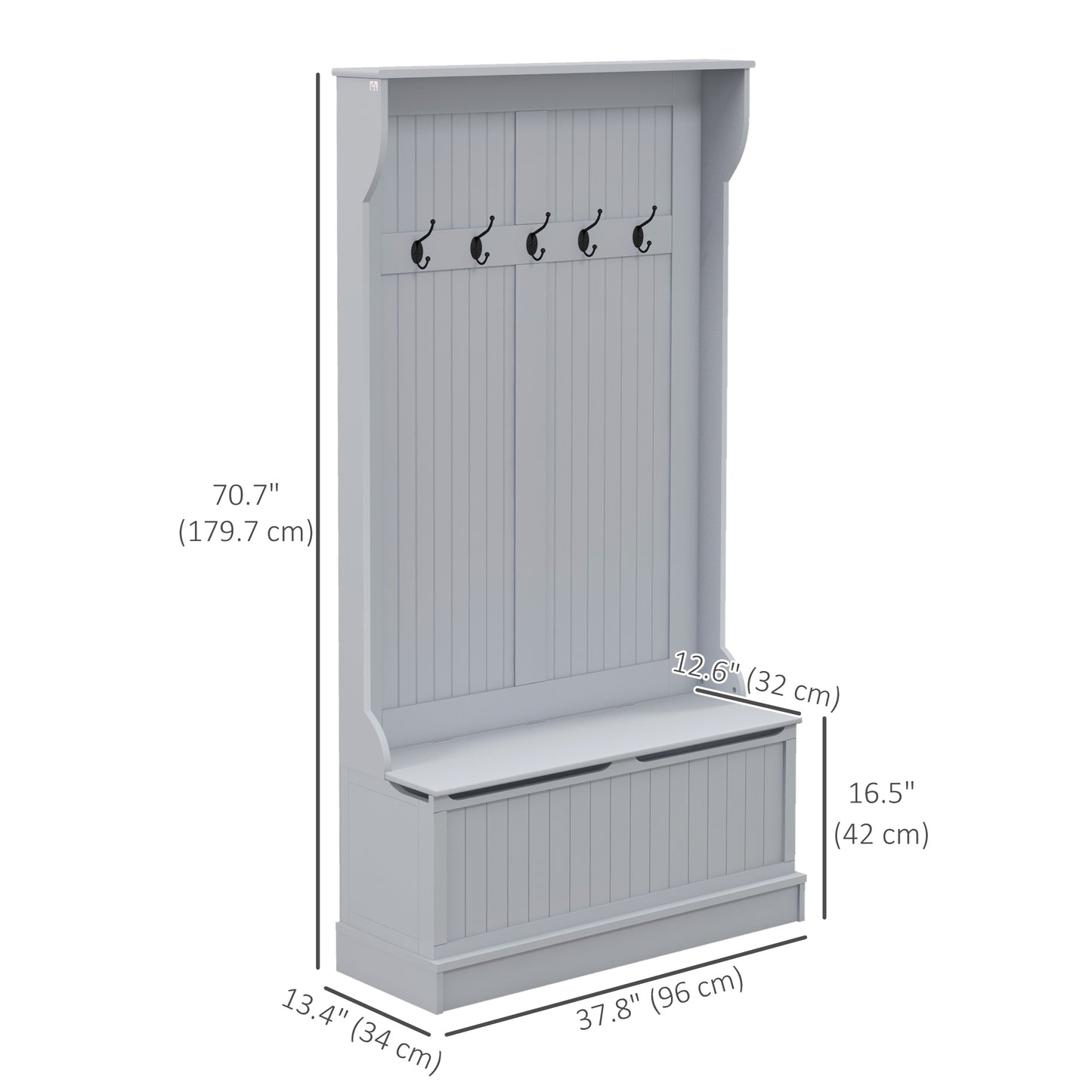 Meuble d'entrée moderne 3 en 1 avec porte-manteau, banc et rangement à chaussures, 5 crochets pour couloir et salon, gris