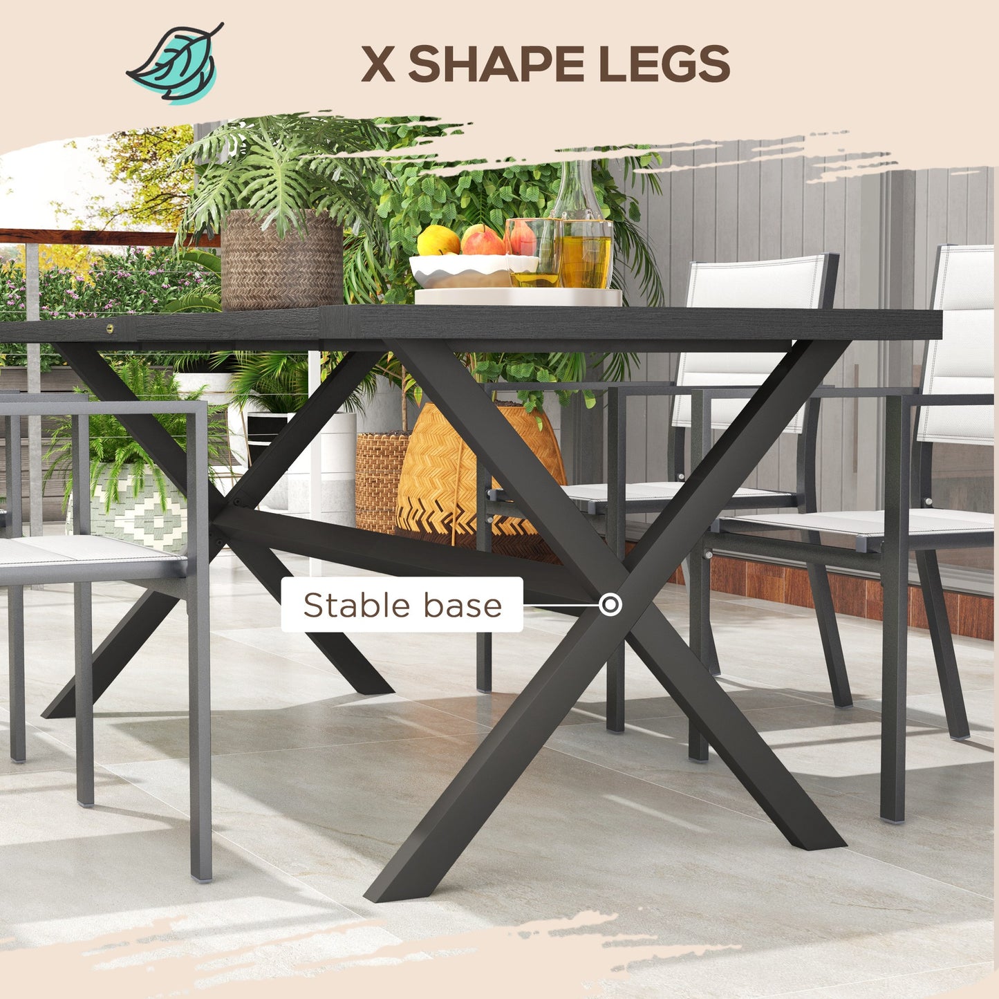 Outsunny 71" Outdoor Dining Table with X-Legs, Aluminum Frame, Darden Rectangular Table for 6 People, for Garden, Black