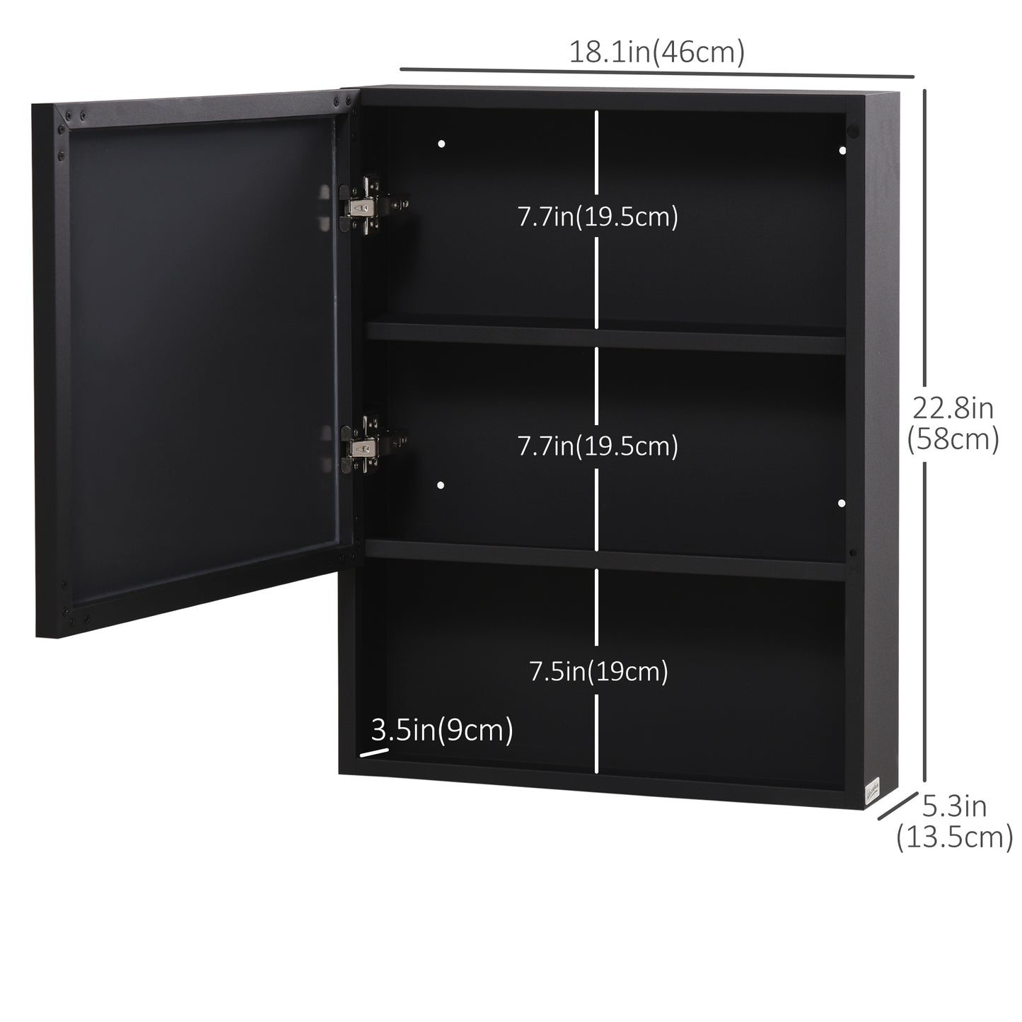 Armoire à miroir murale avec porte simple, étagères de rangement et cadre en acier inoxydable, noire