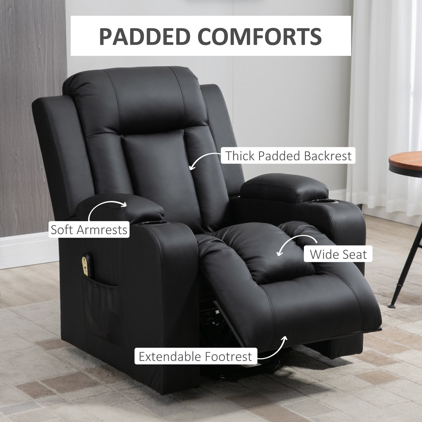Fauteuil releveur électrique, fauteuil inclinable en cuir PU avec repose-pieds, télécommande, poches latérales et porte-gobelets, noir