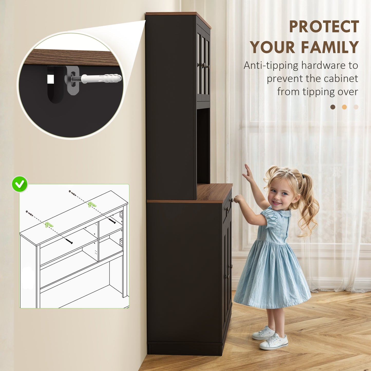 Armoire de rangement avec espace micro-ondes, buffet avec huche, 2 tiroirs, étagères réglables et portes vitrées, noir