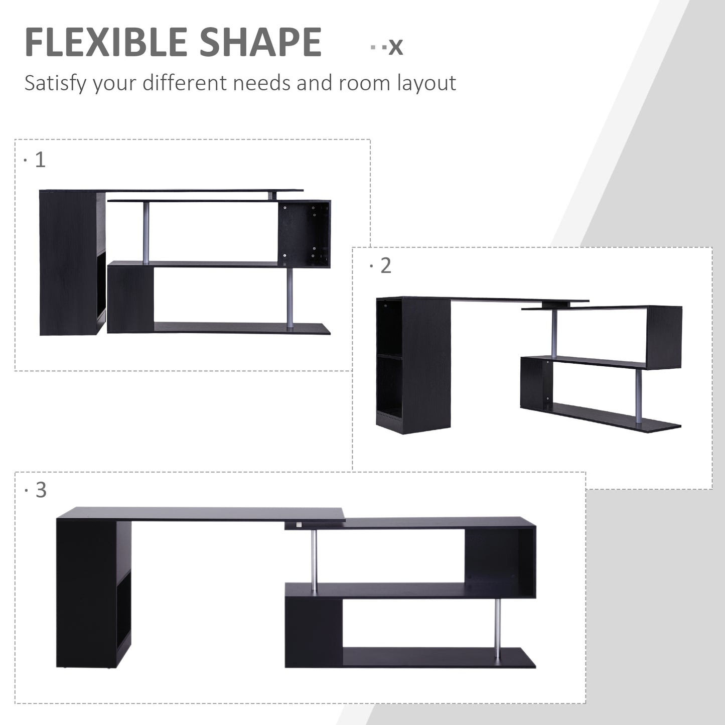 Bureau d'angle pivotant à 360° avec étagères à 3 niveaux, noir