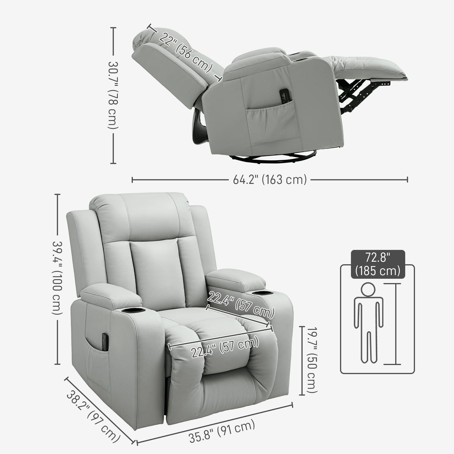 Fauteuil inclinable avec 8 vibrations, fauteuil inclinable rembourré en cuir PU avec assise large, porte-gobelets, bascule, gris clair