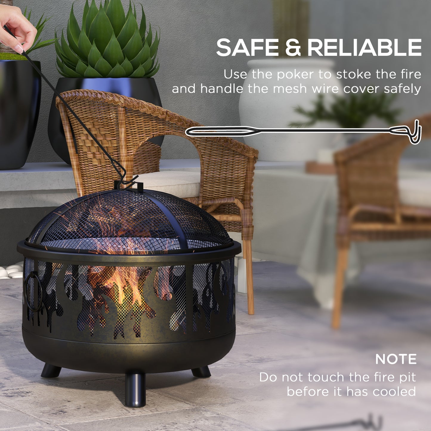 Foyer d'extérieur en métal rond de 61 cm avec couvercle et poignées de barbecue pour jardin, camping, barbecue, feu de joie, noir