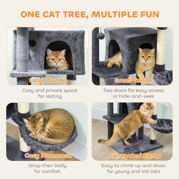 Arbre à chat de 160 cm avec griffoirs, cabanes, perchoirs moelleux, hamac, échelle, gris foncé