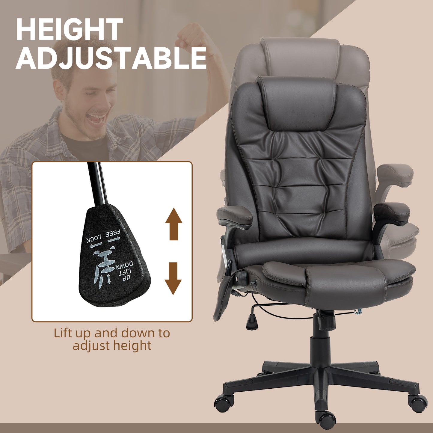 Office chair, heated, ergonomic, massaging, swiveling, vibrating in imitation leather