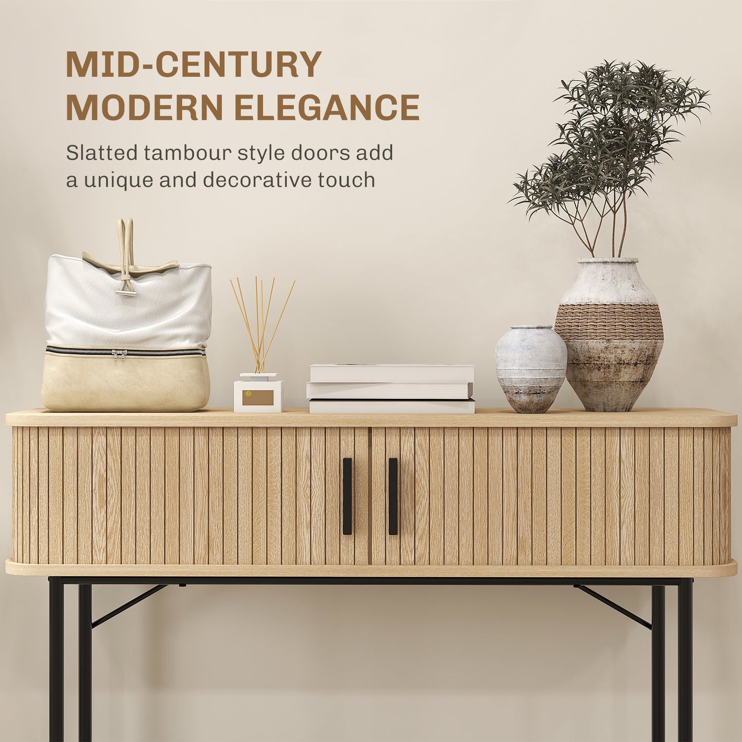 Console étroite avec portes coulissantes à lattes et pieds en acier, chêne et noir