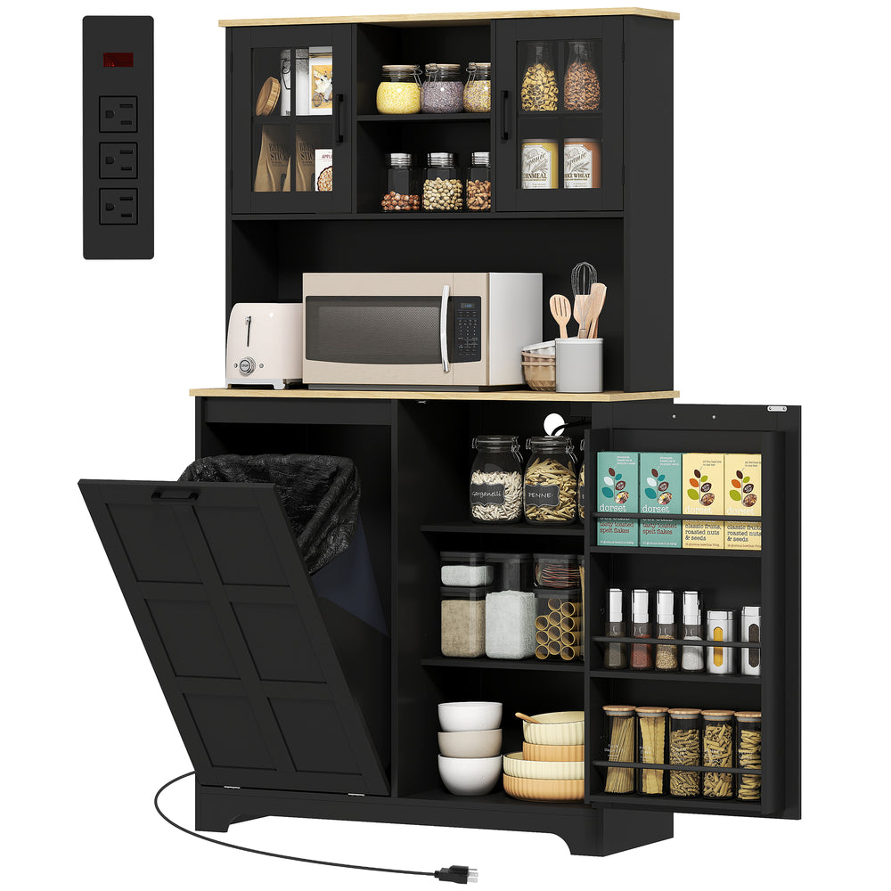 Meuble de rangement avec station de charge, poubelle de 7 gallons, étagères réglables, noir