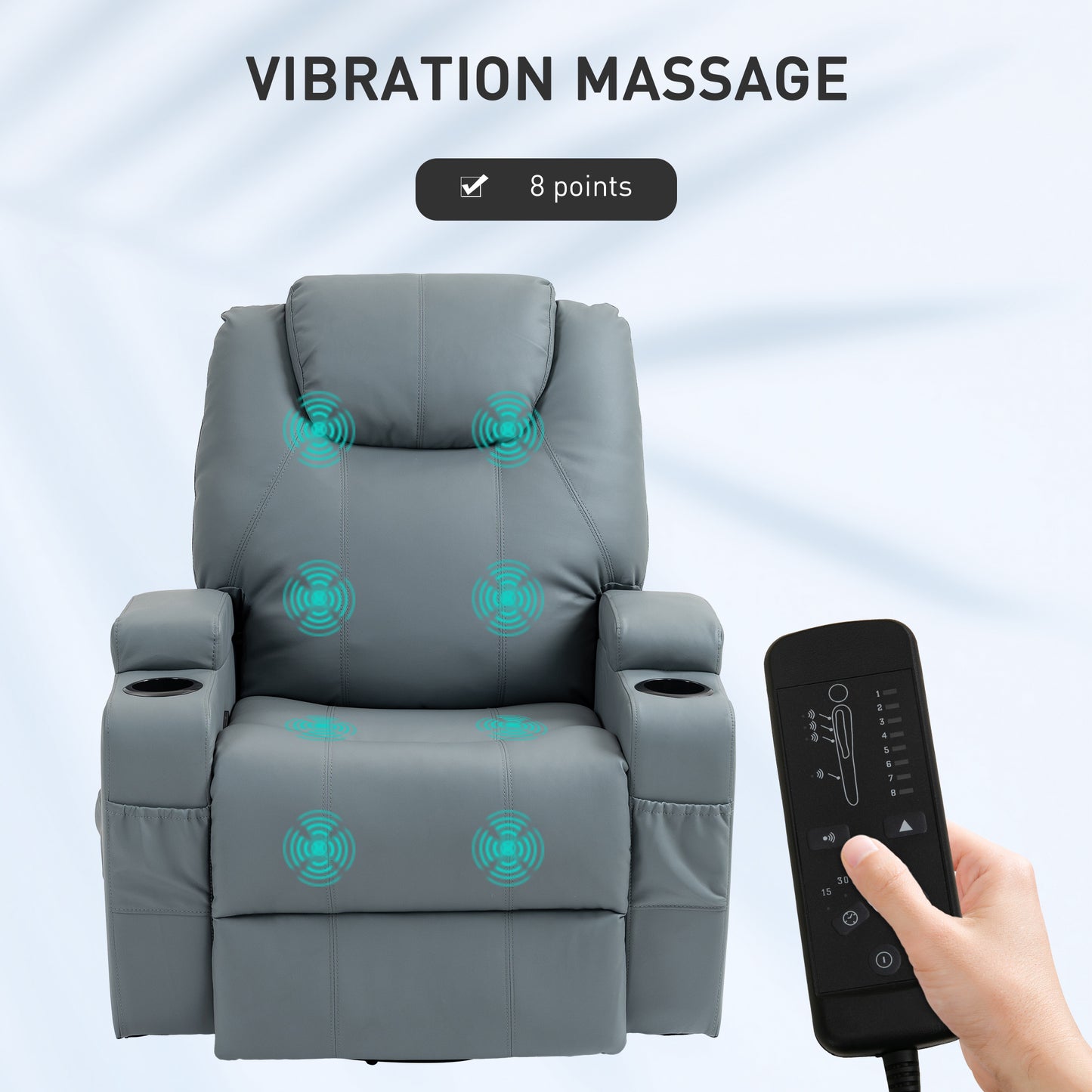 Fauteuil massant inclinable manuel pivotant avec 8 points de vibration et porte-gobelets, gris clair