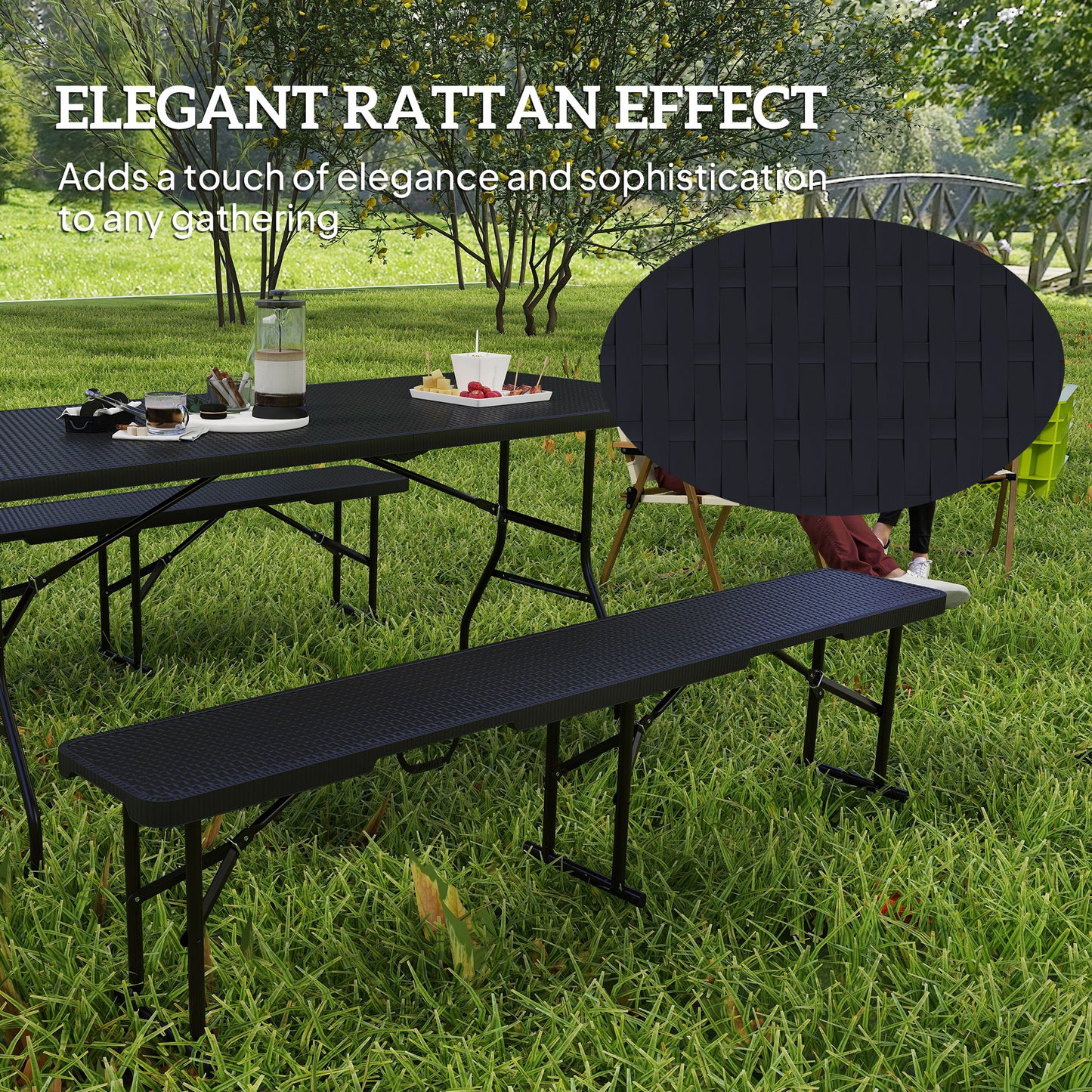 Outsunny 6FT 3PCS Faux Rattan Outdoor Camping Table Bench Set with Carrying Handles, Folding Picnic Table with 2 Benches, Black |