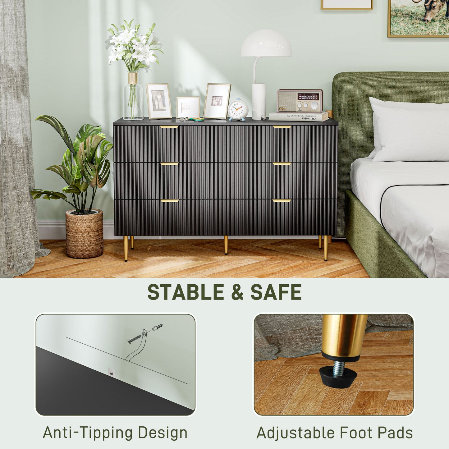 Modern 6 Drawer Bedroom Dresser with Gold Legs and Handles, Black