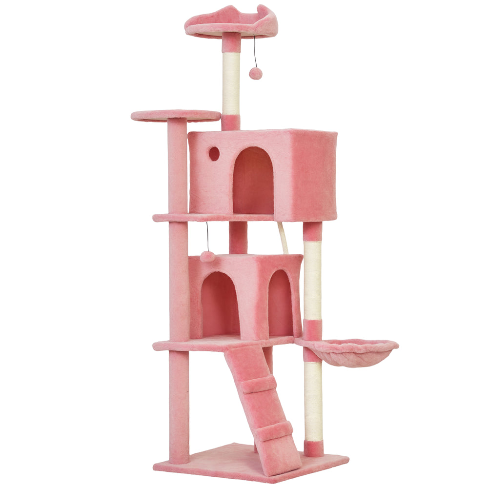 Arbre à chat de 160 cm avec griffoirs en sisal, cabanes, perchoirs en peluche, hamac, rose