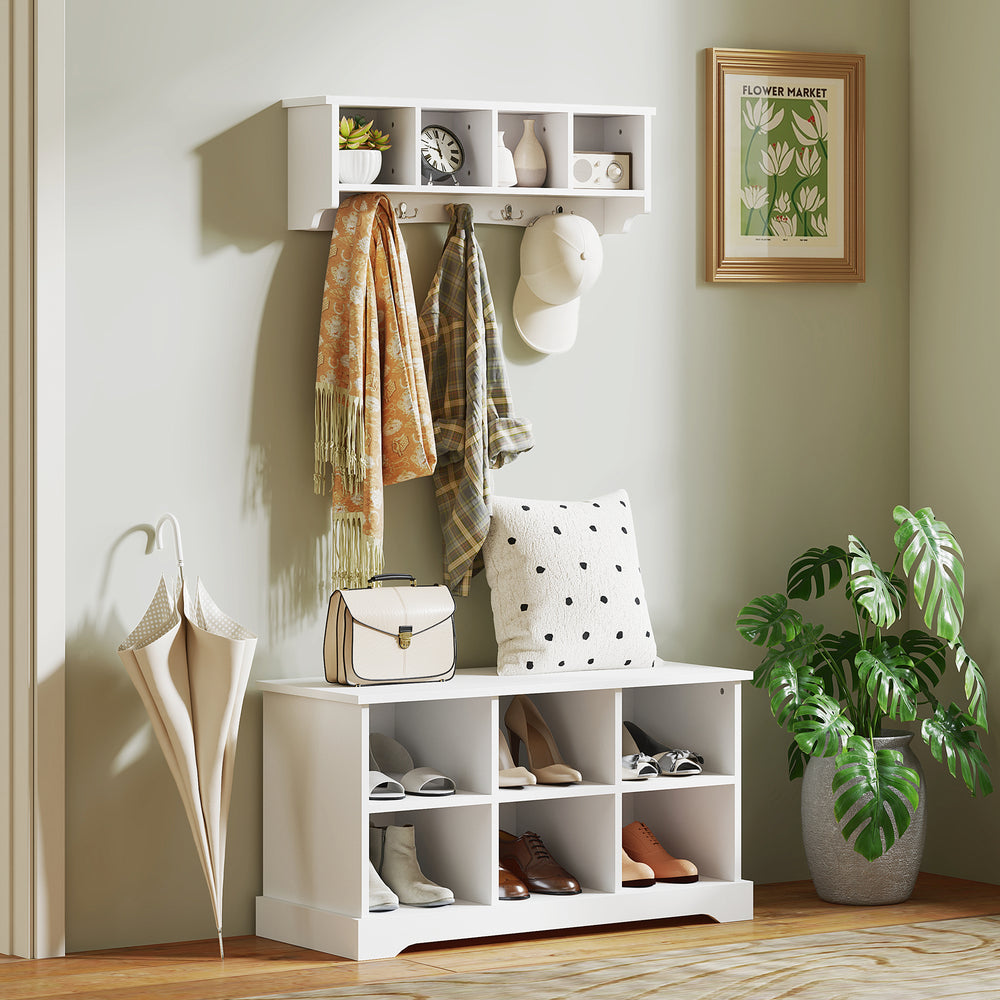 Wall Mounted Coat Rack with Shelf, 71cm, 5 Hooks and 4 Compartments, for Living Room, Entryway, White