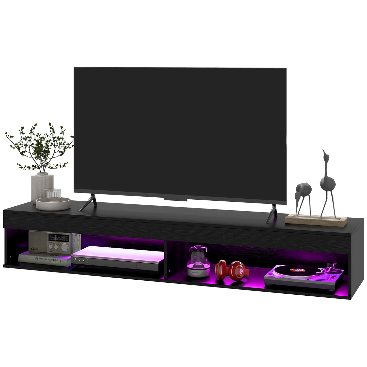 HOMCOM Modern Wall Mounted TV Stand with Storage and LED Lighting for TVs up to 75 inches, Floating TV Shelf for Living Room, Black