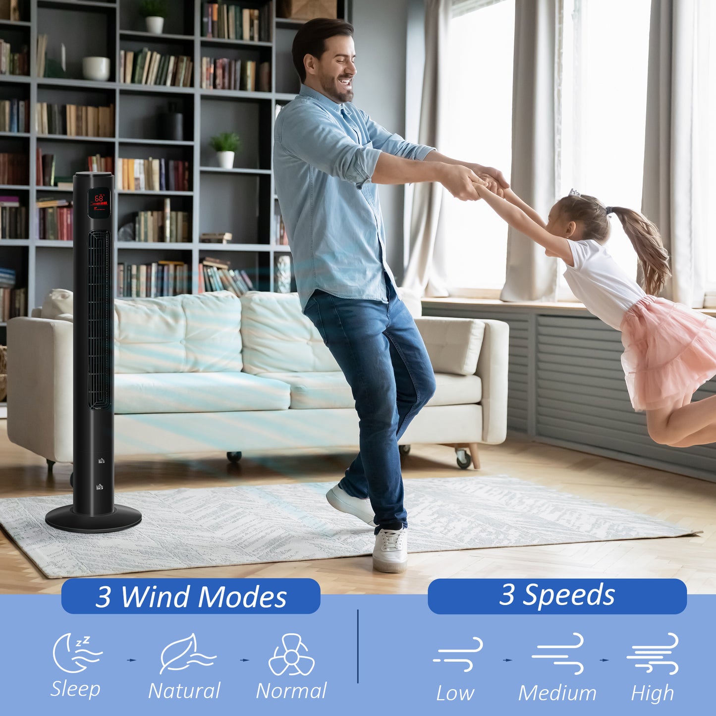 Ventilateur tour autonome avec oscillation, 3 vitesses, minuterie 12 h, panneau de capteur LED, télécommande, noir