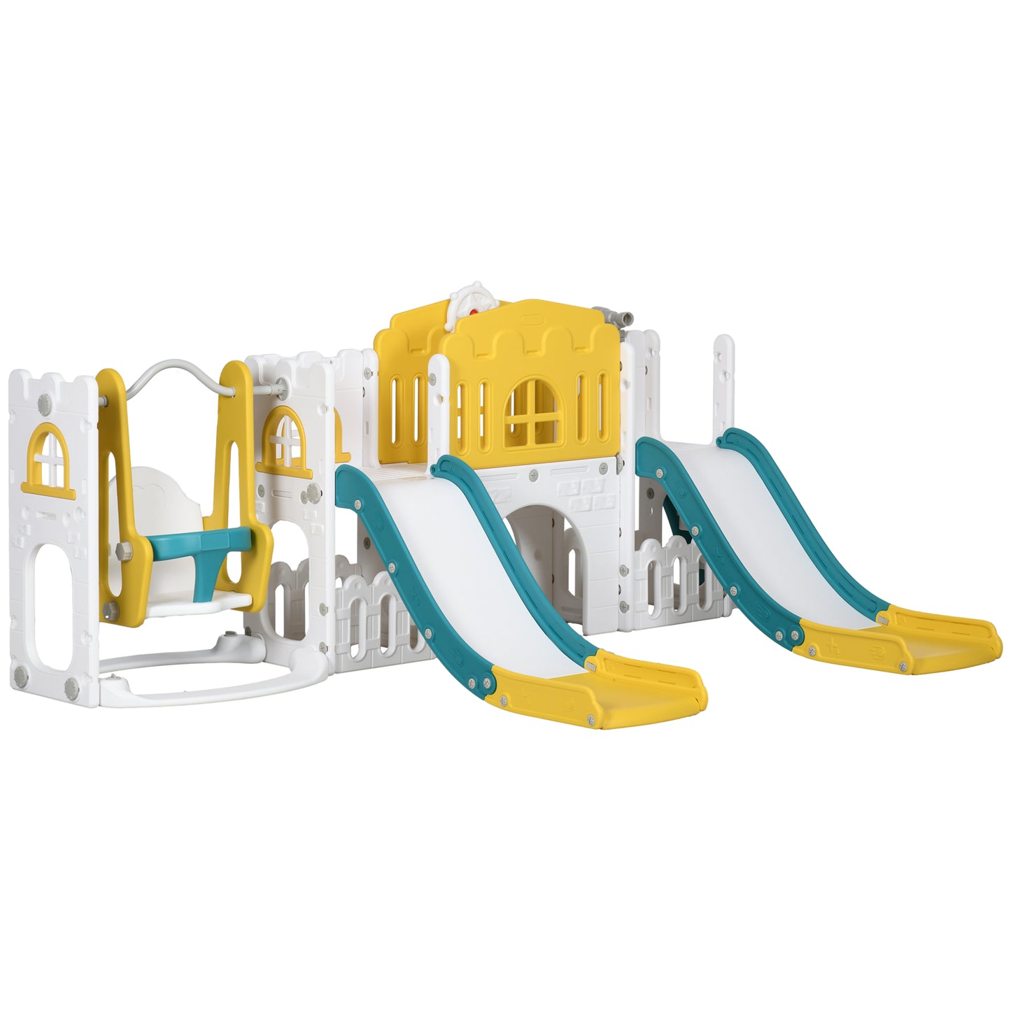 8-in-1 Slide and Swing Set, Baby Swing with Basketball Hoop, Climber and Steering Wheel, for 1-3 Years Old, Yellow