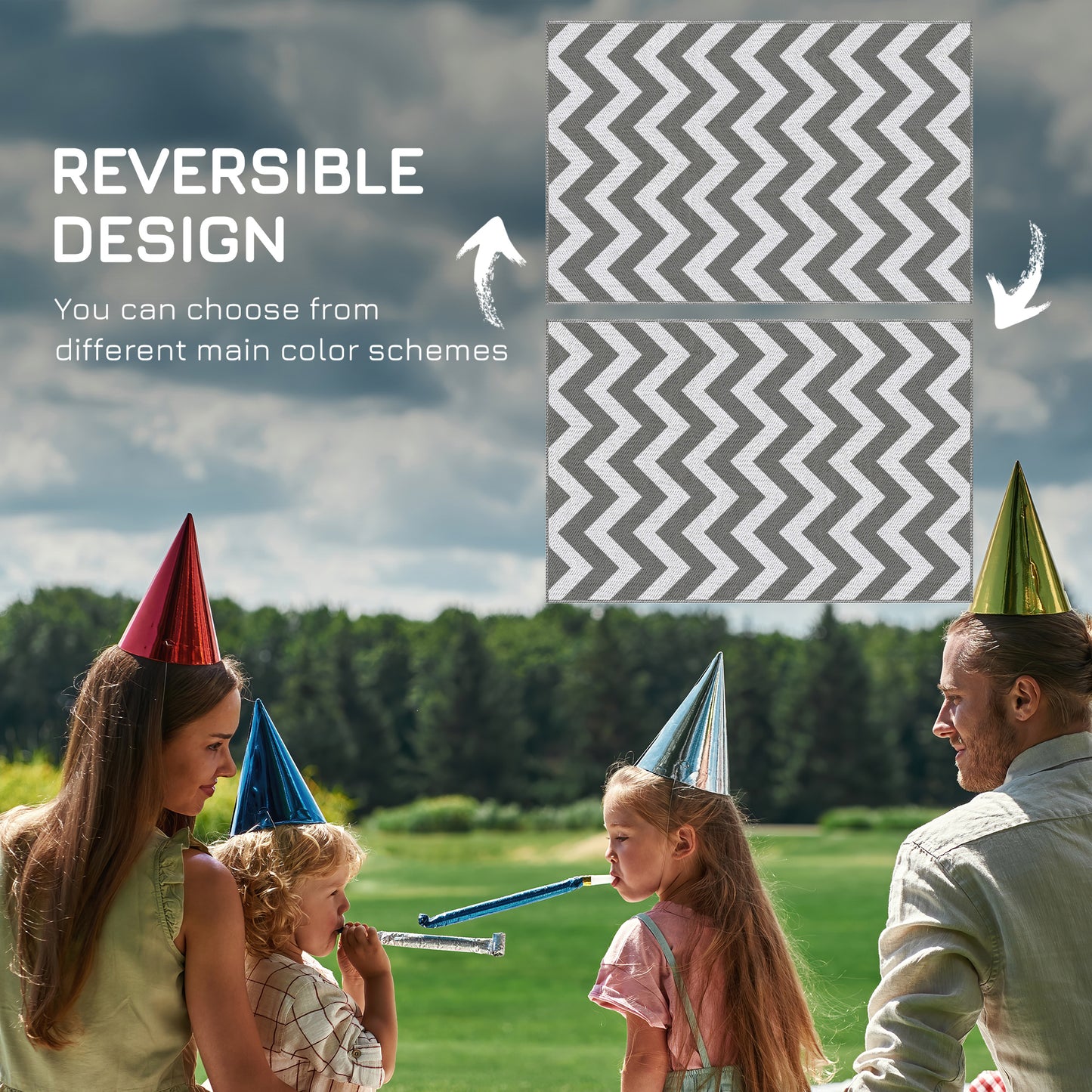 Reversible Outdoor Patio Rug, 4' x 6' Plastic Straw Mat for Garden, Patio, Beach, Camping, Gray and White