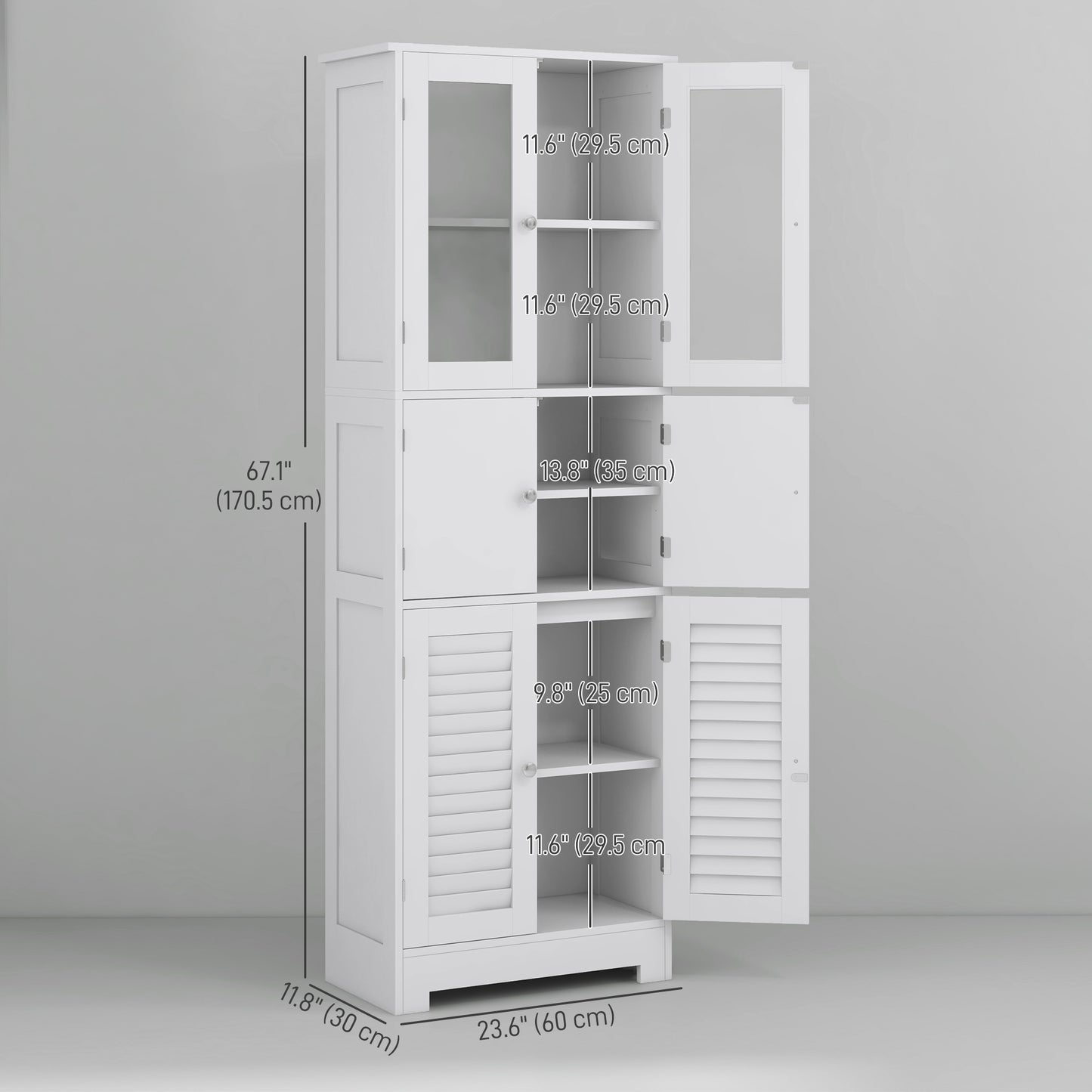 Freestanding bathroom cabinet with glass and louvered doors