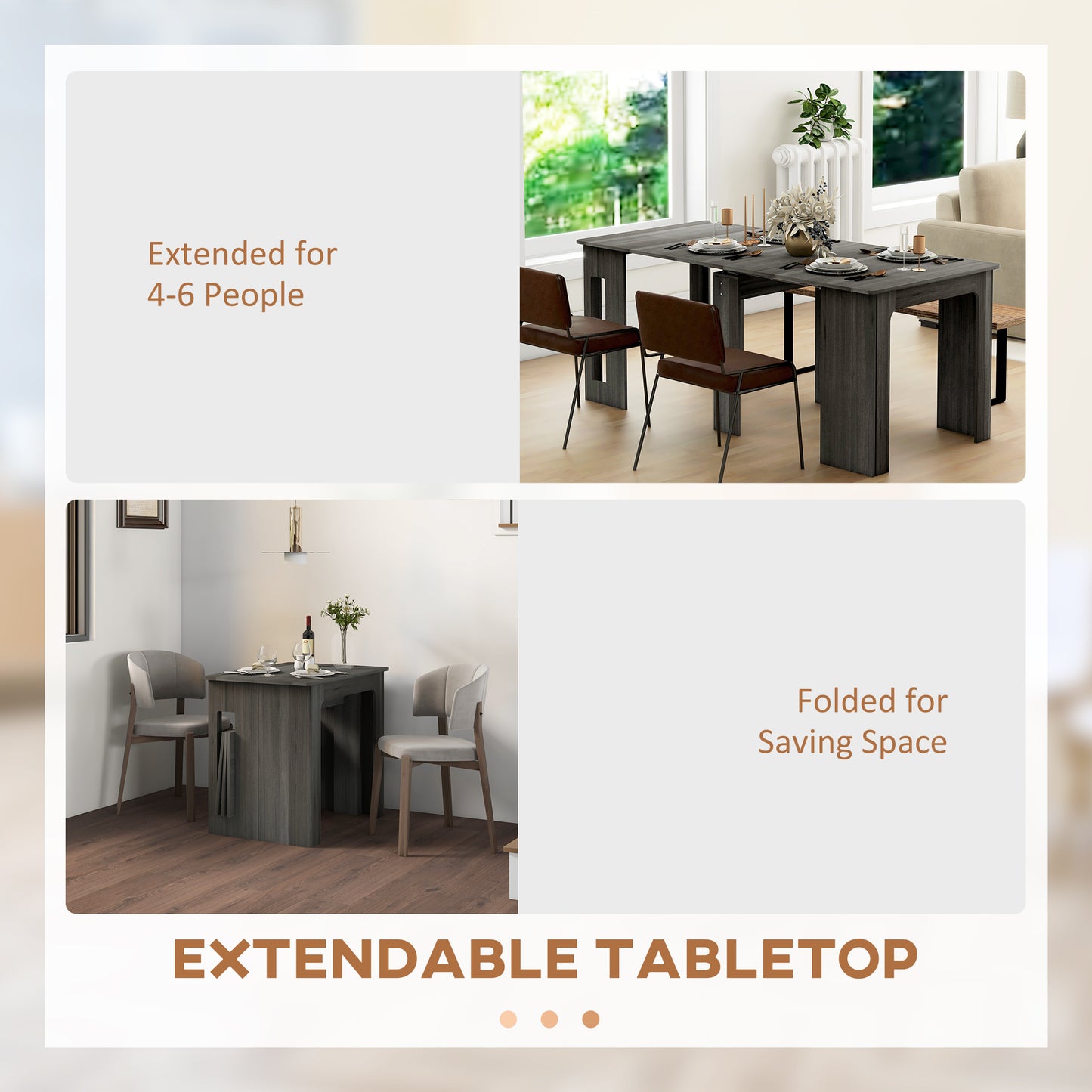 Table pliante et extensible, table de cuisine pour petits espaces, jusqu'à 6 personnes, gris