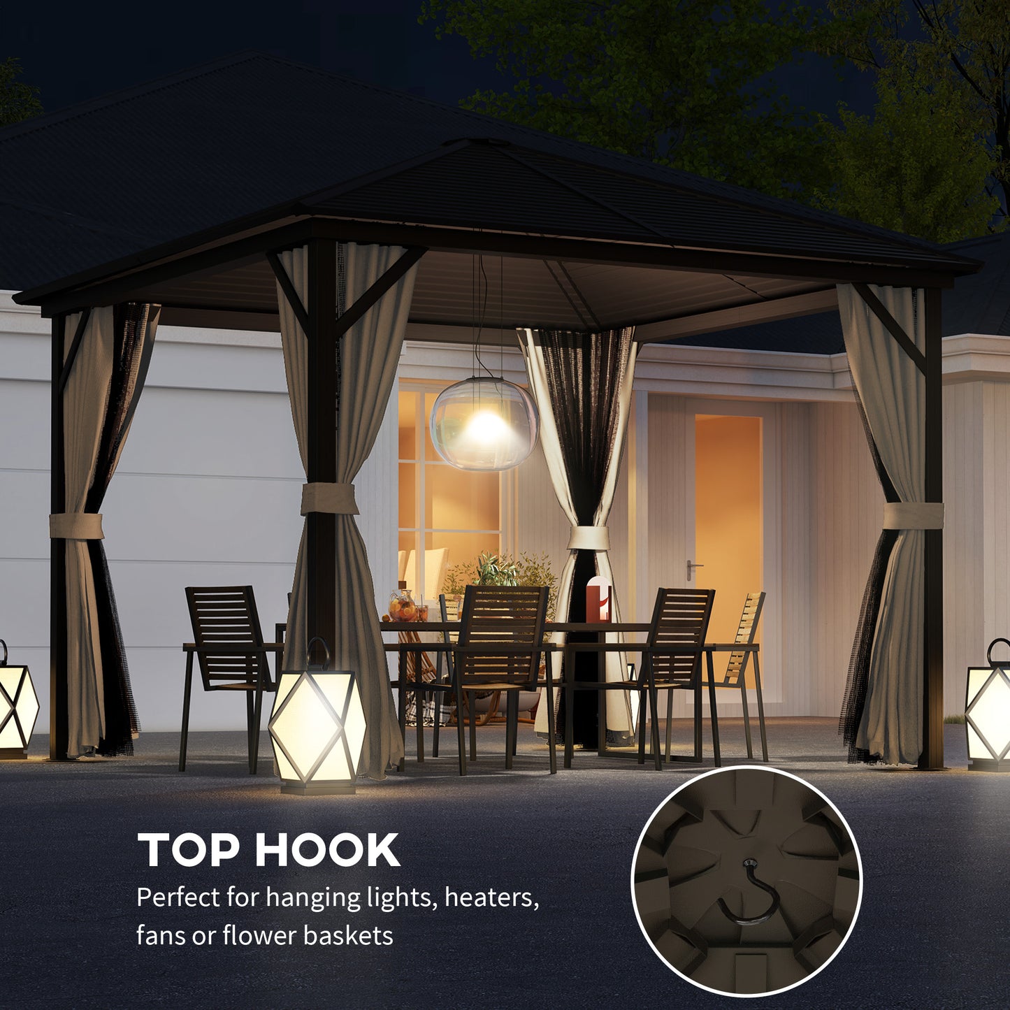 Gazebo 10' x 10' à toit rigide en aluminium avec moustiquaire, rideaux et crochet de suspension, marron