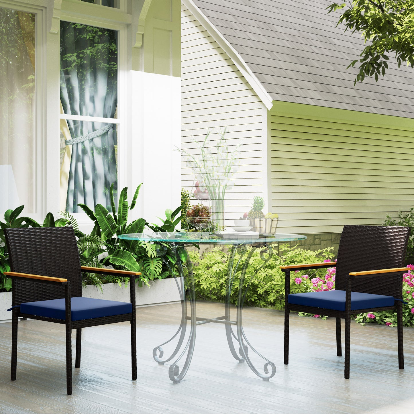 Lot de 2 chaises de jardin empilables en osier avec coussin amovible et accoudoirs, bleu marine