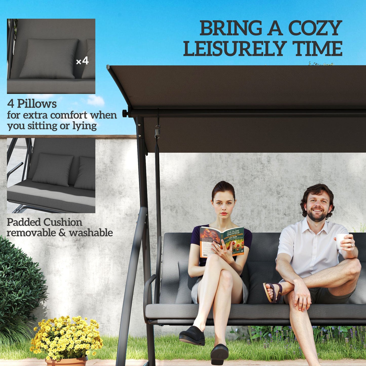 Outsunny Patio Swing Chair, 3 Person Convertible Hammock, Outdoor Swing Lounge Bed, Cushioned with Tilt Canopy, Dark Gray |