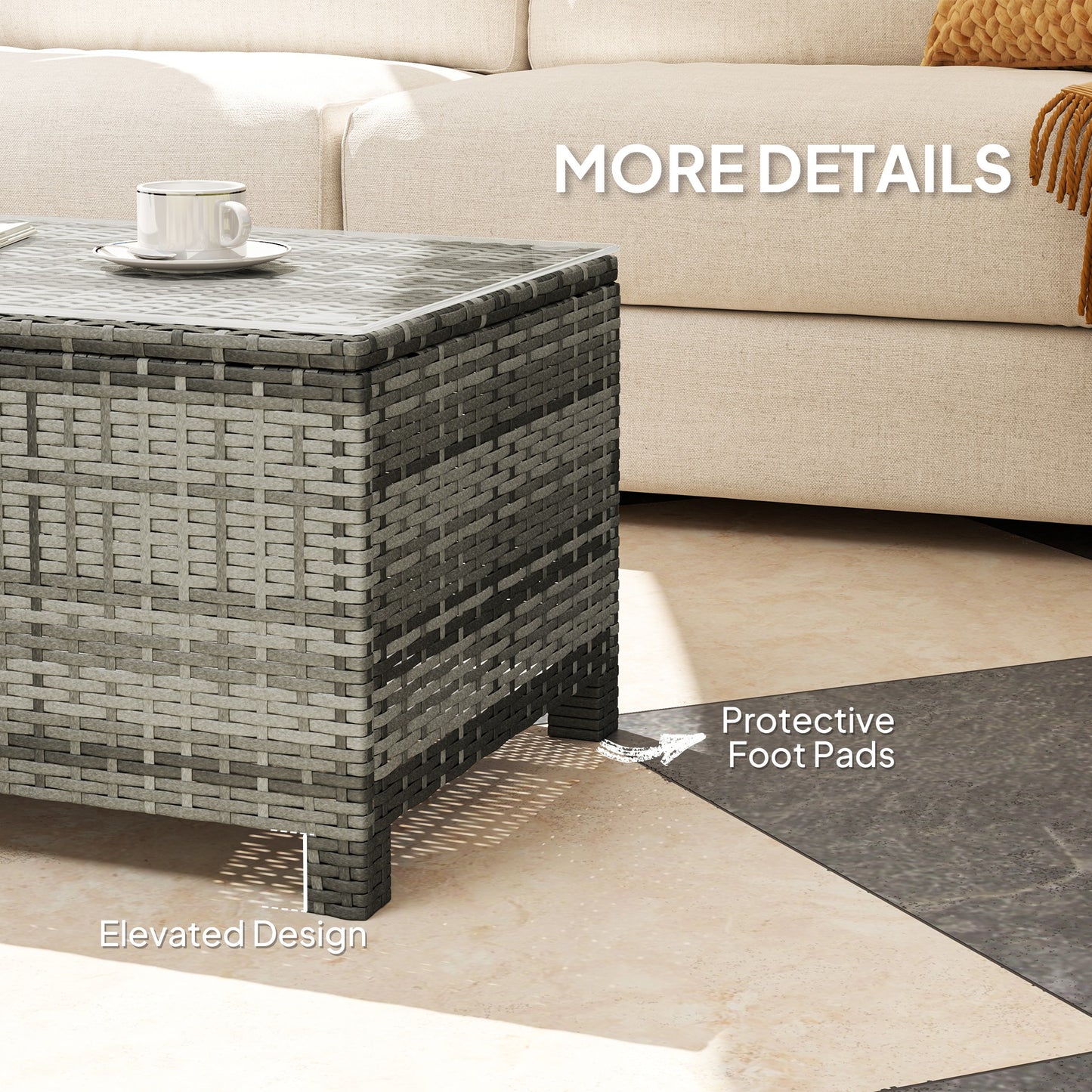 Table basse en rotin et osier avec plateau en verre, mobilier de jardin extérieur, marron trempé