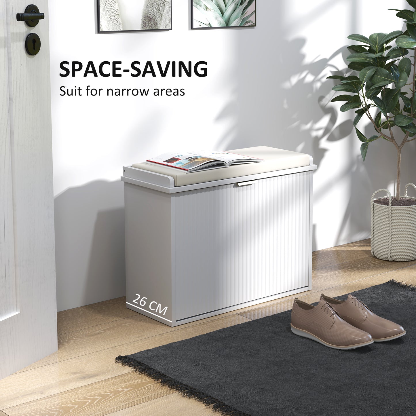 HOMCOM Hallway Bench with Upholstered Seat and Drop-Down Drawers, Load Capacity up to 120 kg, Storage for 6 Pairs of Shoes, White