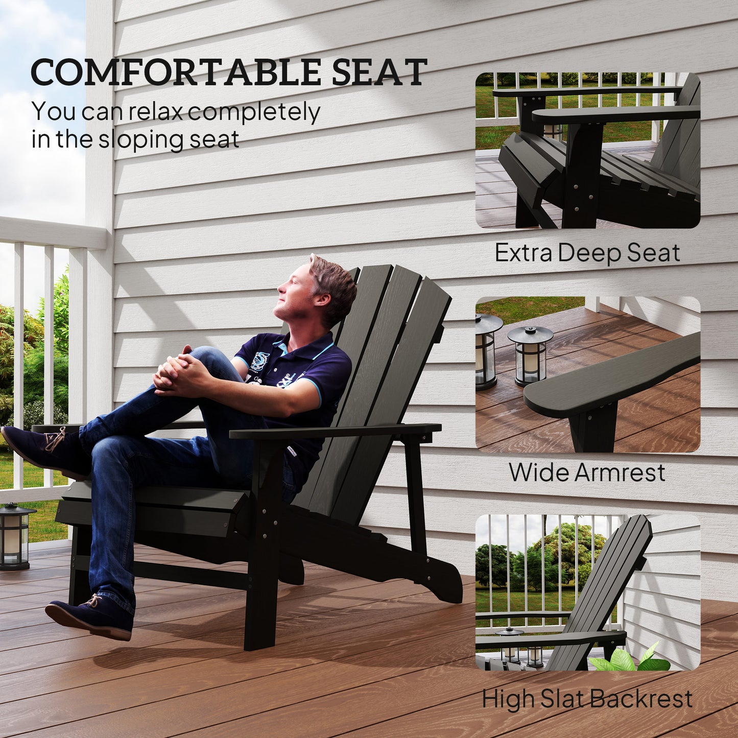 Chaise Adirondack en bois à lattes pour terrasse, jardin, arrière-cour, foyer, noire