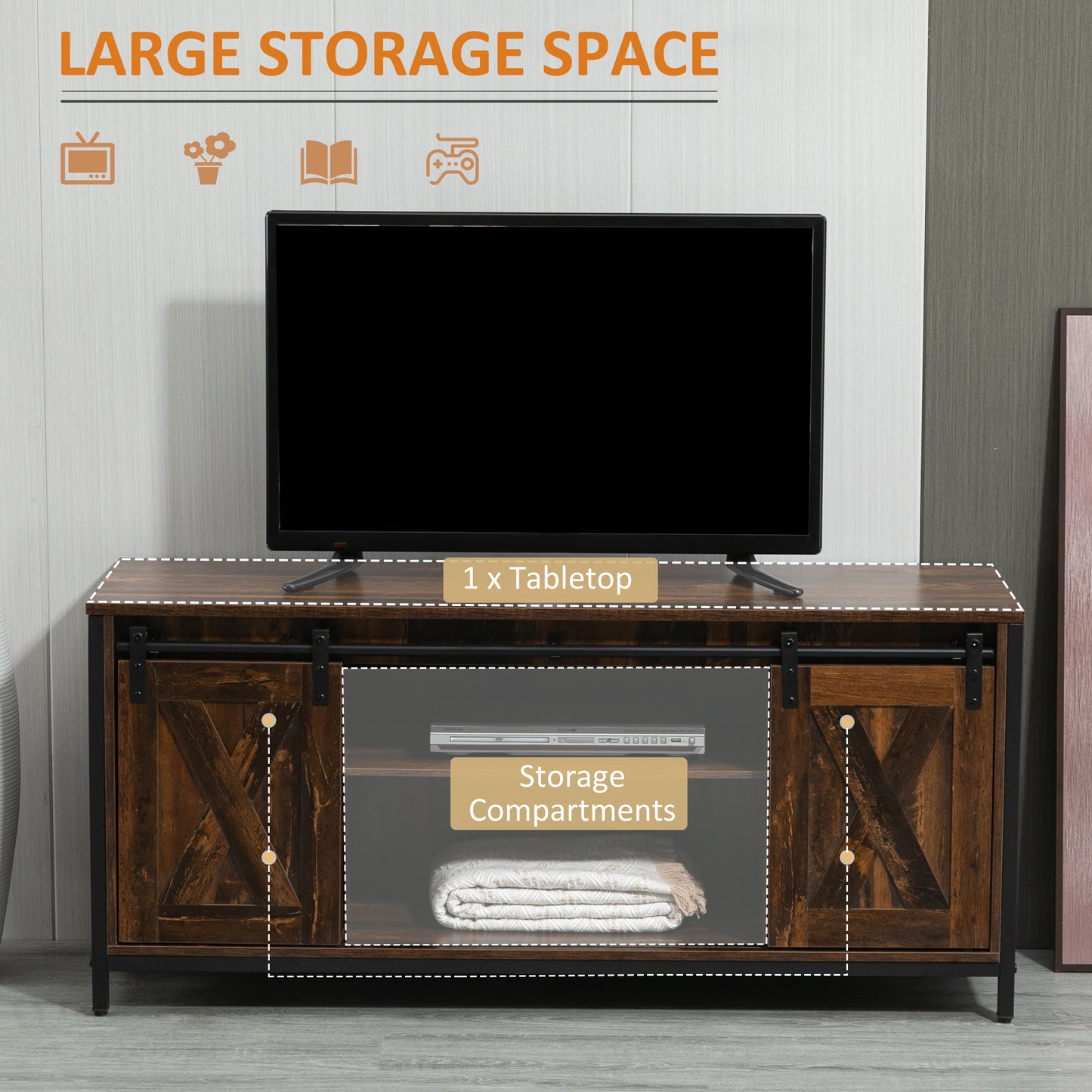 Meuble TV industriel HOMCOM pour téléviseurs jusqu'à 60 pouces, console TV avec rangement et 2 portes coulissantes, meuble de divertissement autonome pour salon et chambre, marron