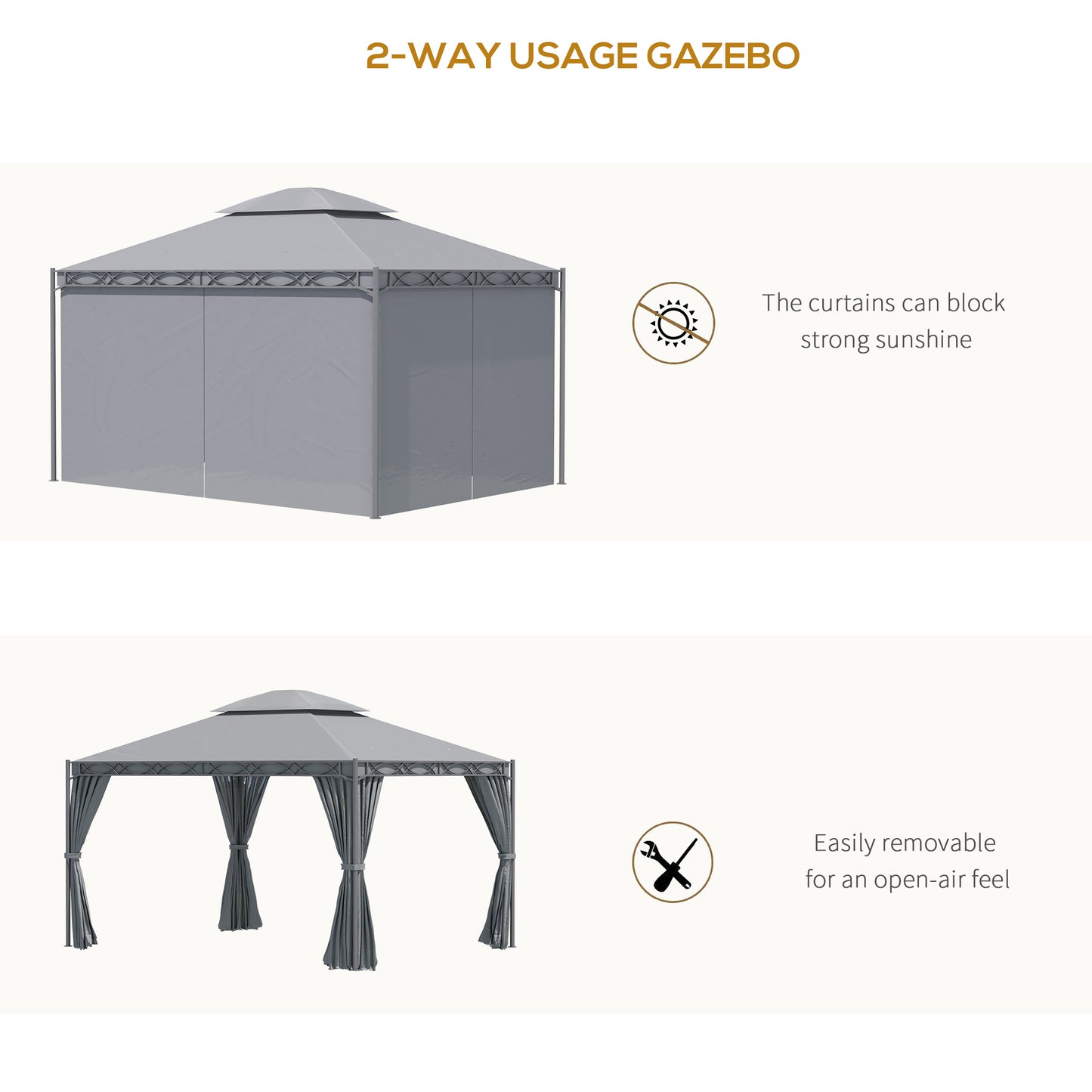 Gazebo 10'x13' couvert à deux niveaux en acier avec rideau, gris